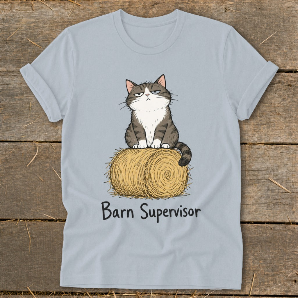 Grumpy cat sitting on a hay bale with text "Barn Supervisor" below.