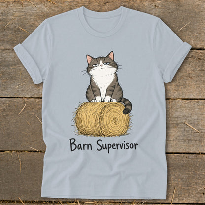 Grumpy cat sitting on a hay bale with text "Barn Supervisor" below.