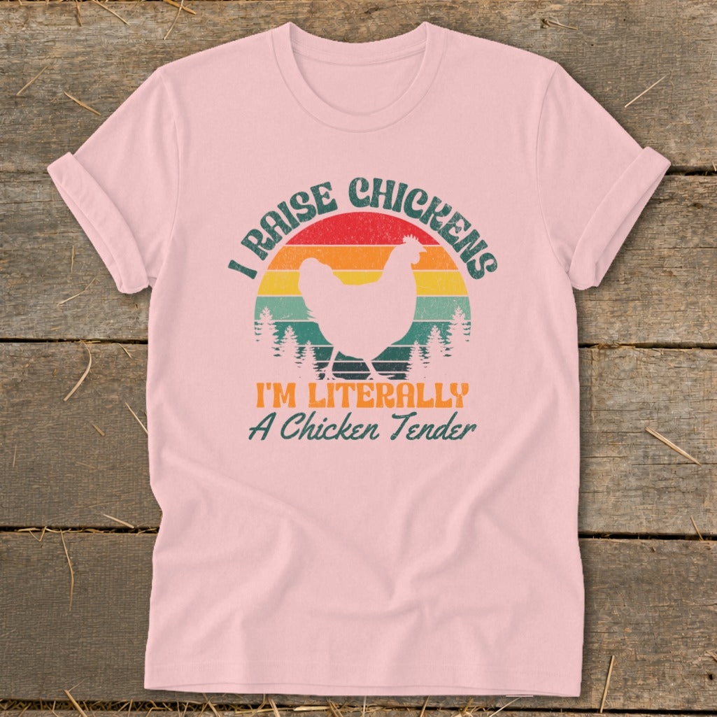 Pink t-shirt with "I Raise Chickens" and a chicken silhouette.