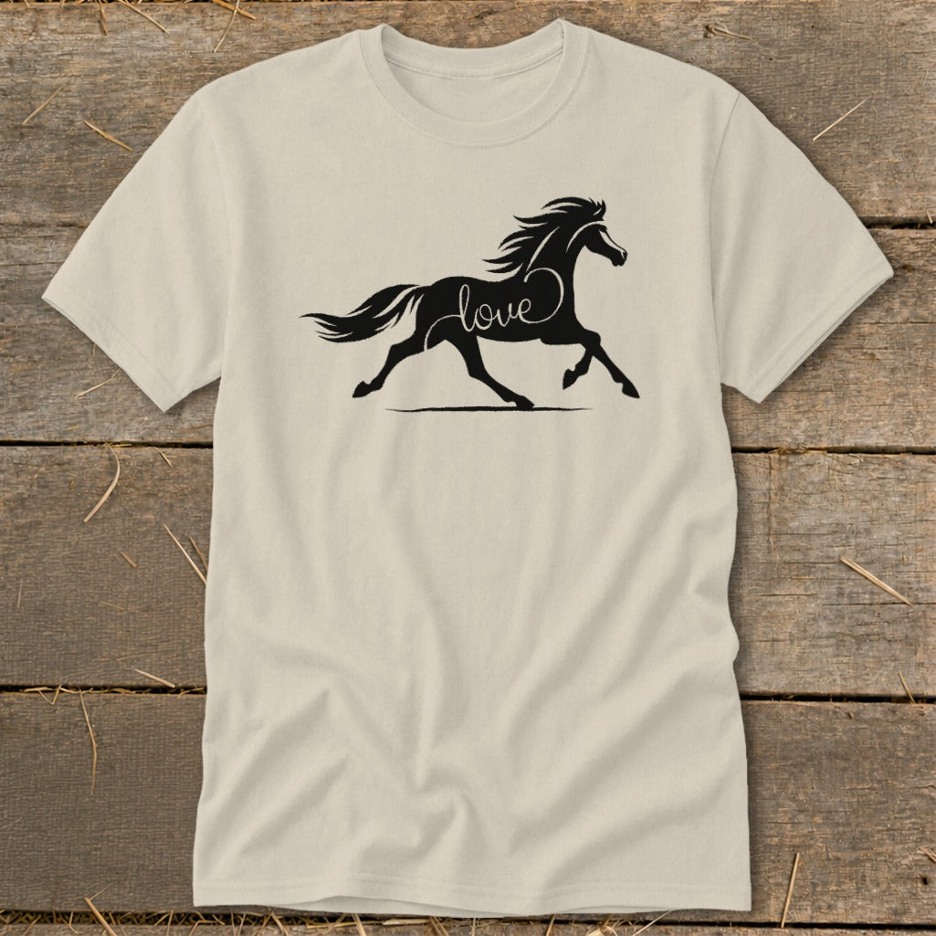 T-shirt with black silhouette of a horse and "love" text design.