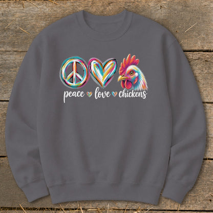 Peace love chickens graphic on a gray sweatshirt with a colorful chicken head.