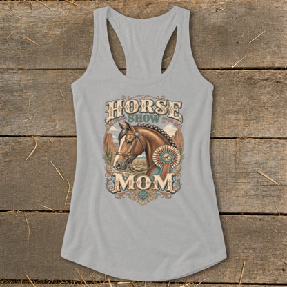 Grey tank top with "Horse Show Mom" text and horse graphic with ribbon.