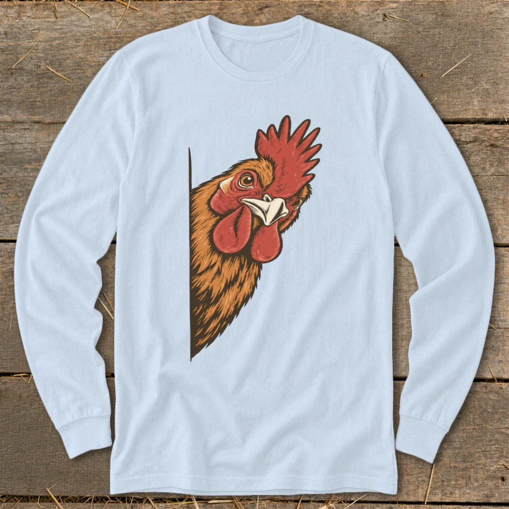 Light blue long-sleeve t-shirt with a cartoon chicken peeking from the side.