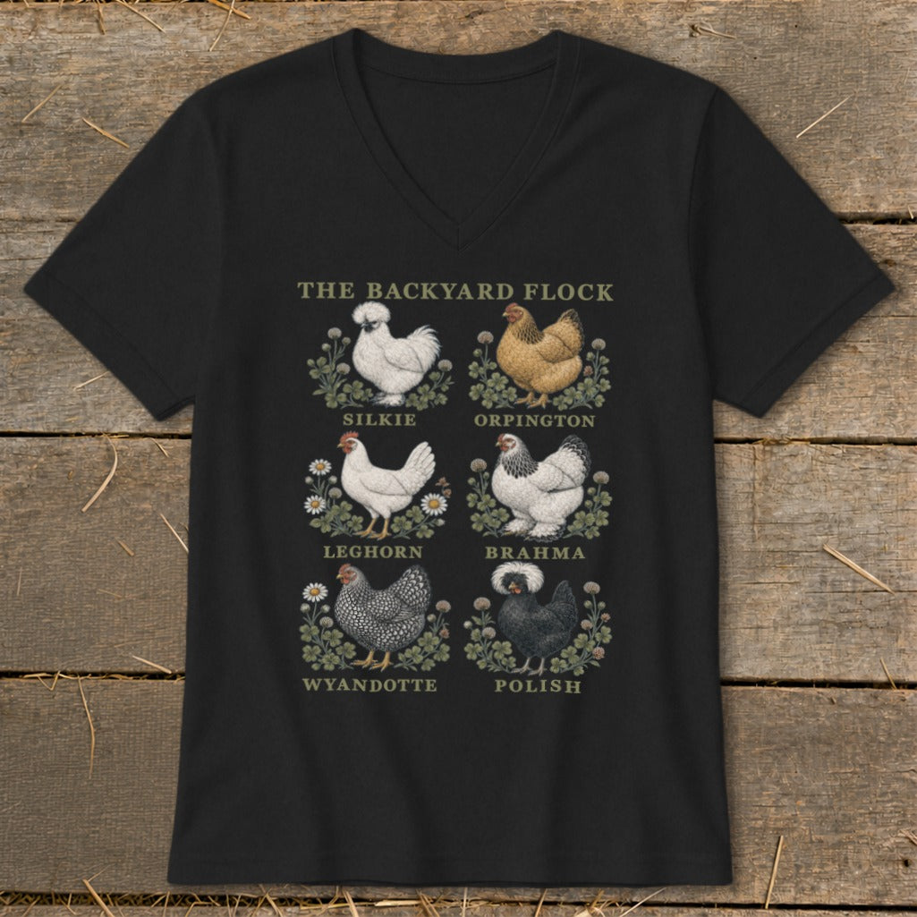 Black t-shirt with six chicken breeds and "The Backyard Flock" text.