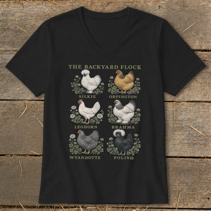 Black t-shirt with six chicken breeds and "The Backyard Flock" text.