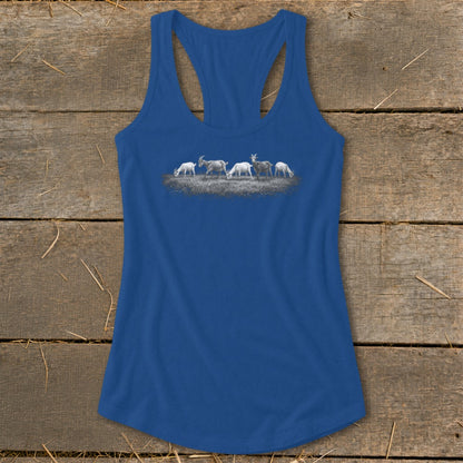 Blue racerback tank top with a herd of goats grazing design.