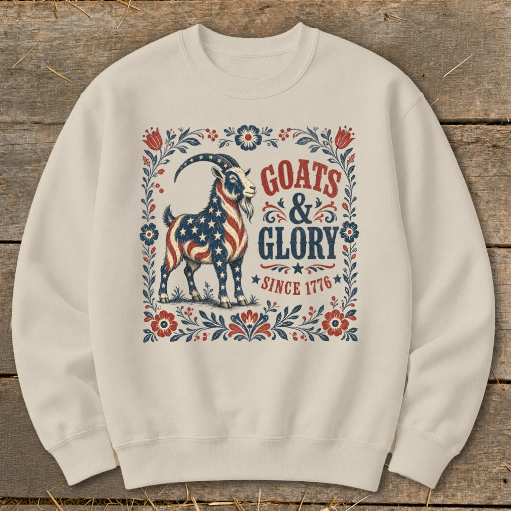 Cream sweatshirt with American flag goat and "Goats & Glory Since 1776" text.