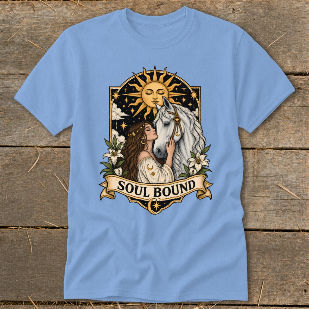 Light blue t-shirt with "Soul Bound" text and illustration of a woman and horse.