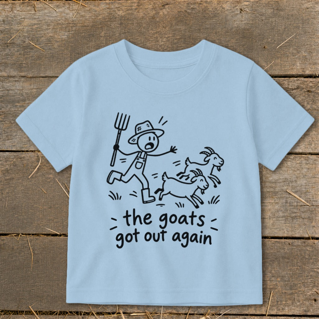 Light blue t-shirt with stick figure farmer and three running goats graphic and text.