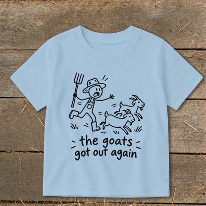 Light blue t-shirt with stick figure farmer and three running goats graphic and text.