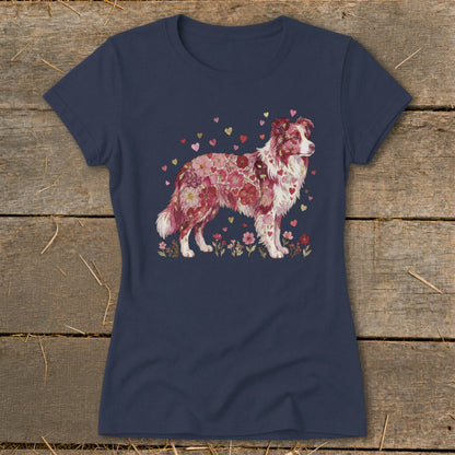 Navy t-shirt with a dog made of flowers and hearts.