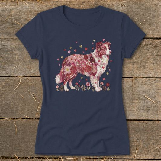 Navy t-shirt with a dog made of flowers and hearts.