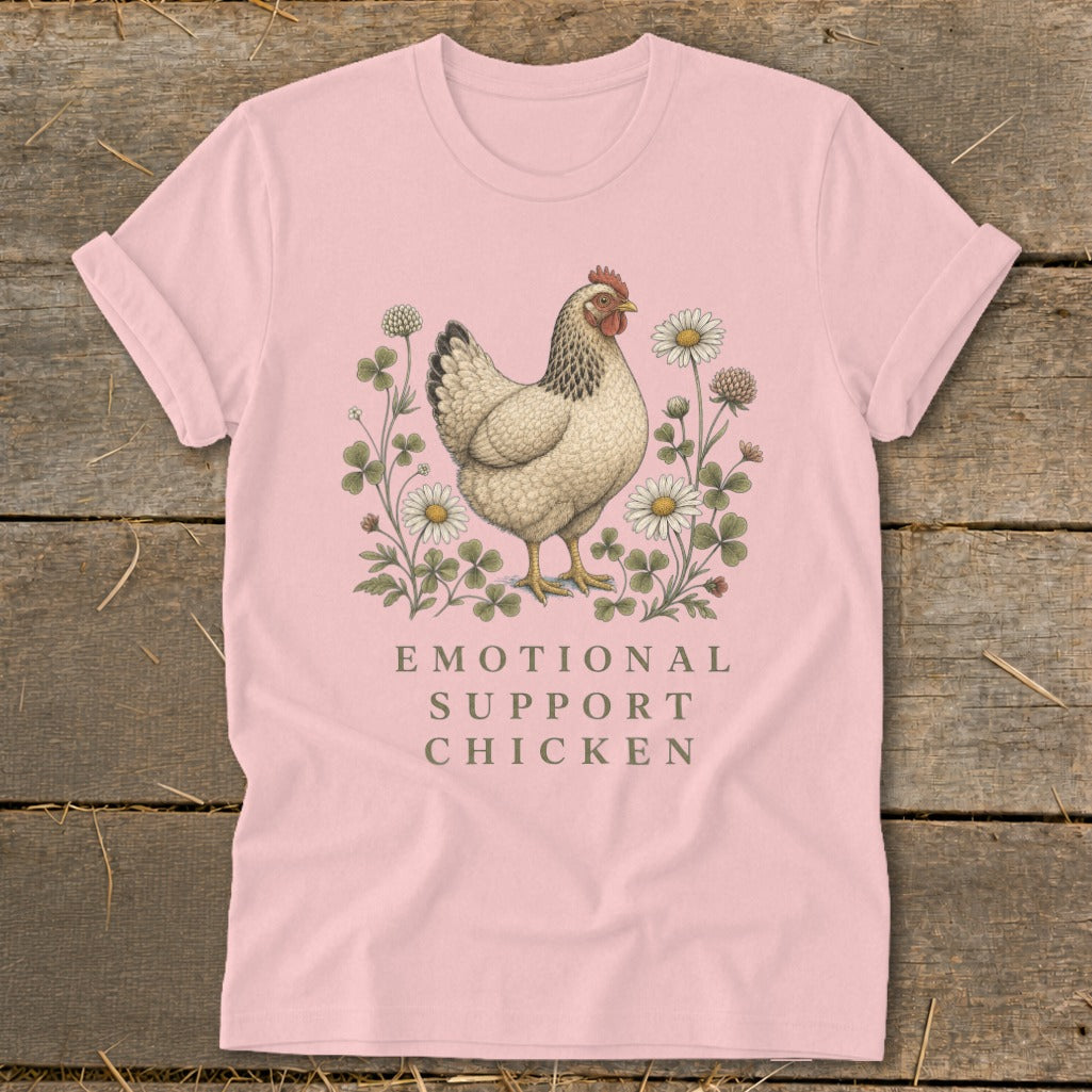 Pink t-shirt with illustration of a chicken and text "Emotional Support Chicken".