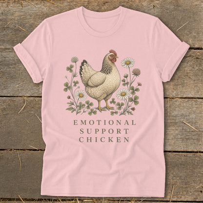 Pink t-shirt with illustration of a chicken and text "Emotional Support Chicken".