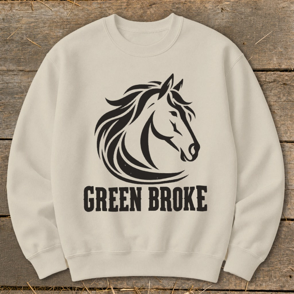 Beige crewneck sweatshirt with a black horse head graphic and the words GREEN BROKE underneath.