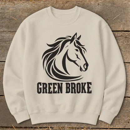 Beige crewneck sweatshirt with a black horse head graphic and the words GREEN BROKE underneath.
