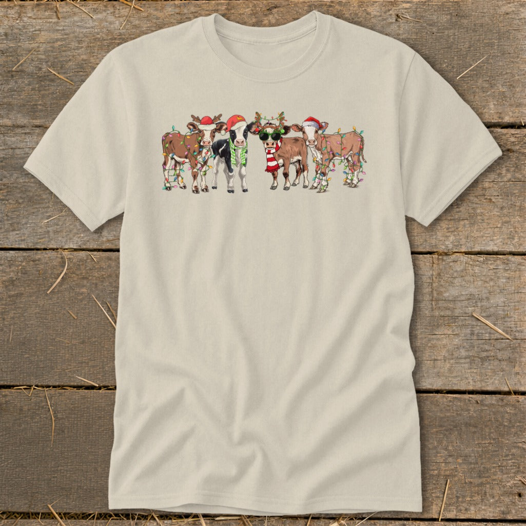 Herd of cows wearing Santa hats and Christmas lights, with one cow in sunglasses.