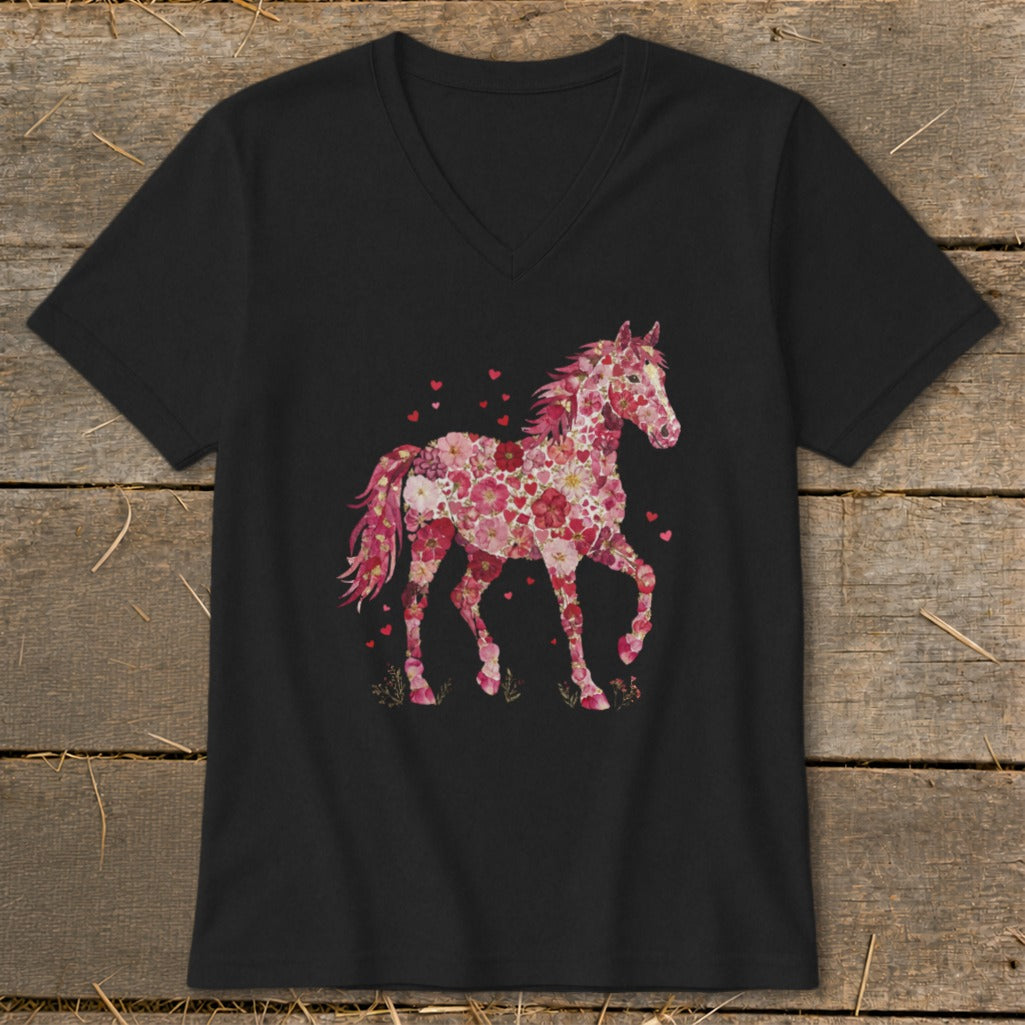 Black v-neck t-shirt featuring a pink floral horse graphic with scattered hearts.
