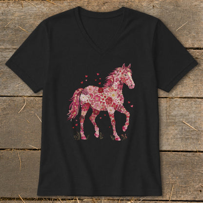 Black v-neck t-shirt featuring a pink floral horse graphic with scattered hearts.