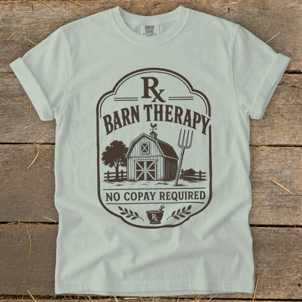 T-shirt with "Rx Barn Therapy" graphic, barn, pitchfork, and "No Copay Required."