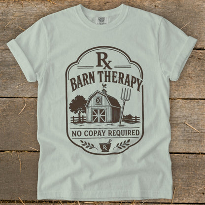 T-shirt with "Rx Barn Therapy" graphic, barn, pitchfork, and "No Copay Required."