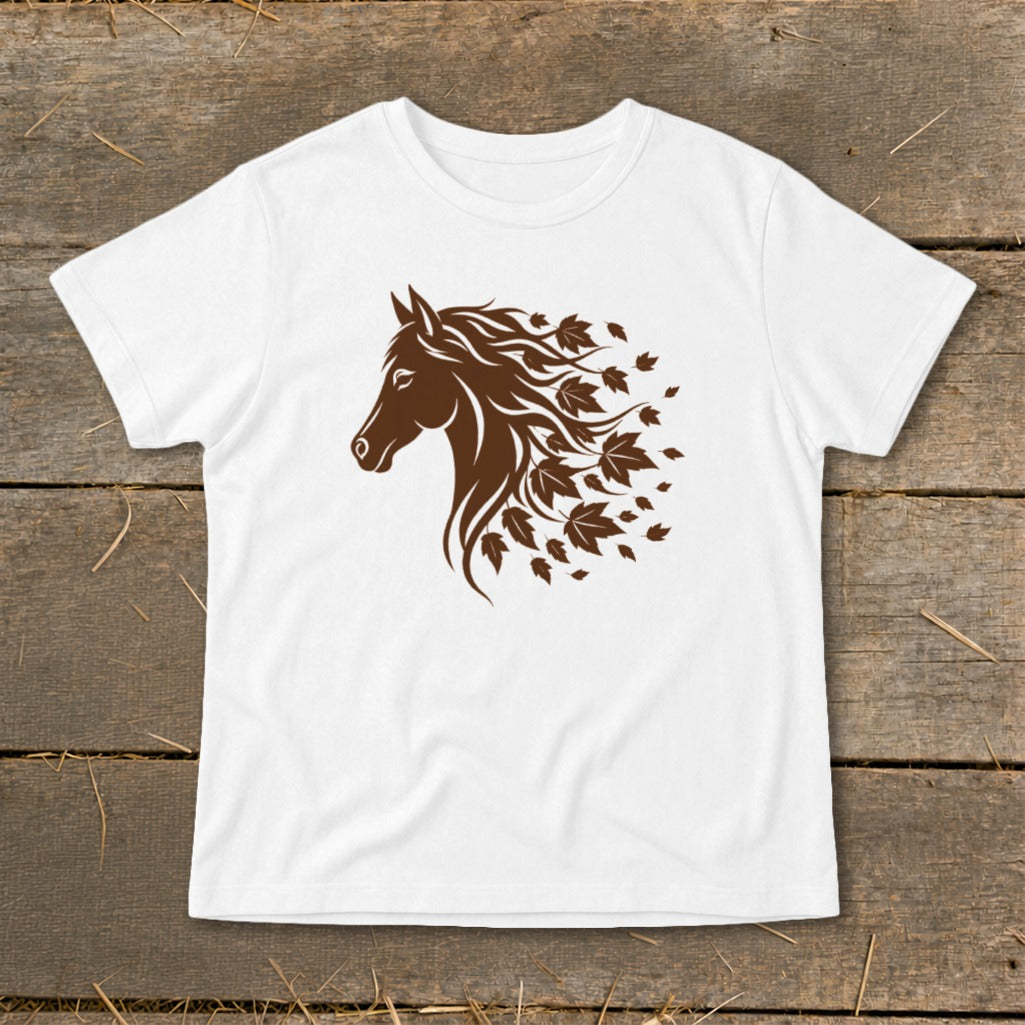 White t-shirt with brown horse head graphic with flowing mane and falling leaves.