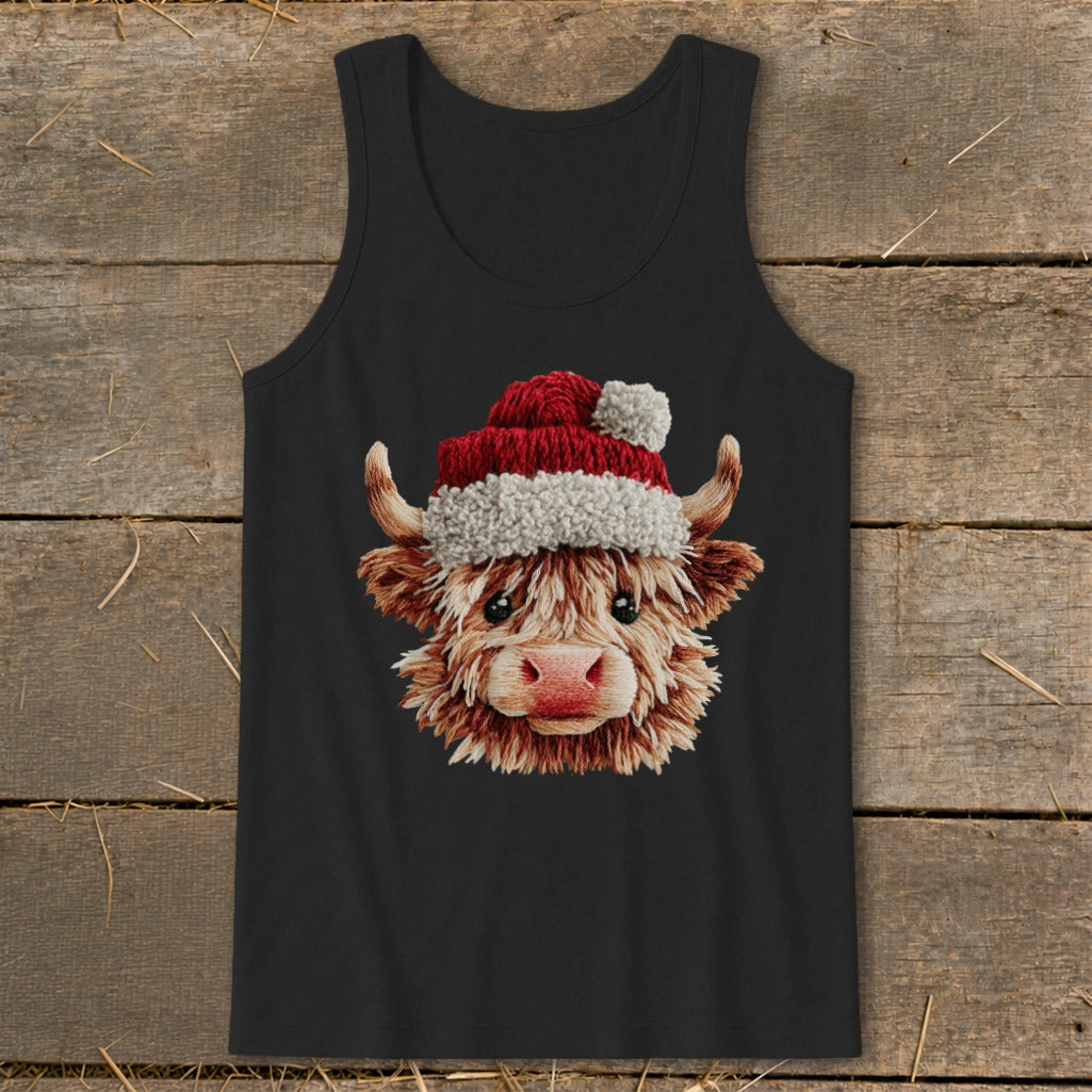 Black tank top featuring a fluffy Highland cow wearing a Santa hat.