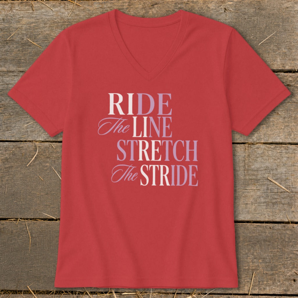Red v-neck t-shirt with "RIDE The LINE STRETCH The STRIDE" text.