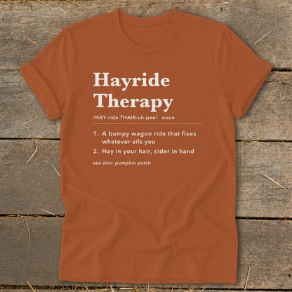 Orange t-shirt with "Hayride Therapy" definition text in white.
