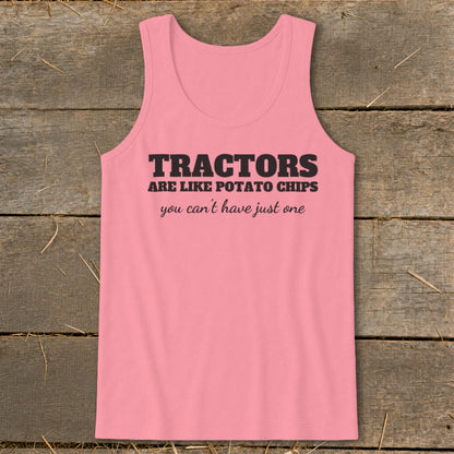 Pink tank top with "Tractors are like potato chips you can't have just one" text.