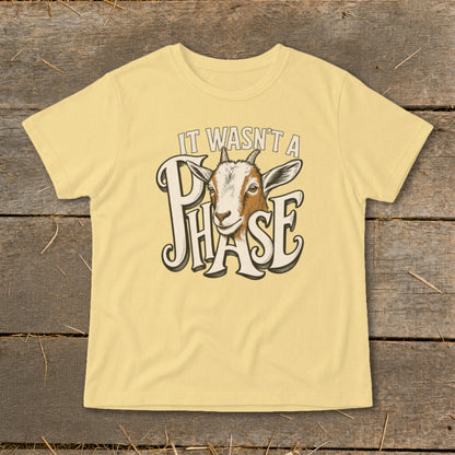 Yellow t-shirt with a goat and "It wasn't a phase" text.