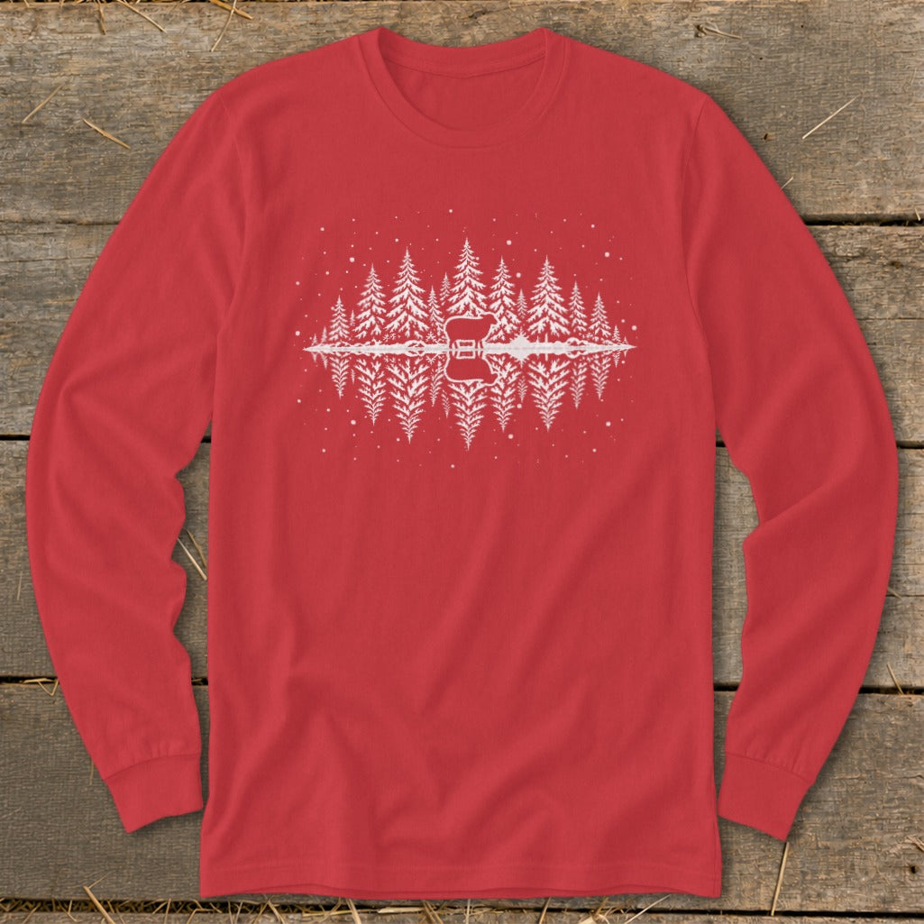 Red long-sleeve shirt with white pine trees and guitar silhouette graphic.