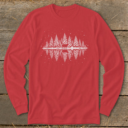 Red long-sleeve shirt with white pine trees and guitar silhouette graphic.