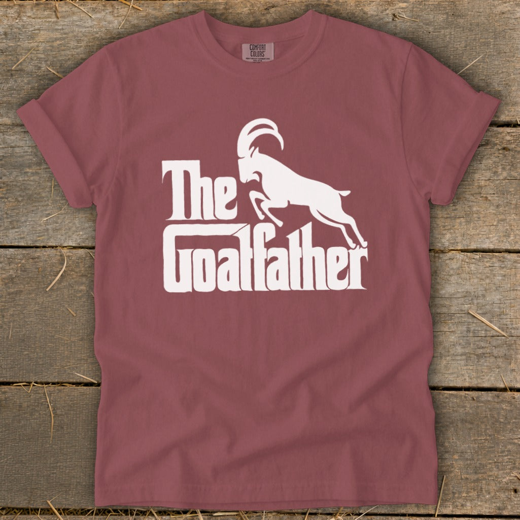 Maroon t-shirt with white "The Goatfather" text and a goat silhouette.