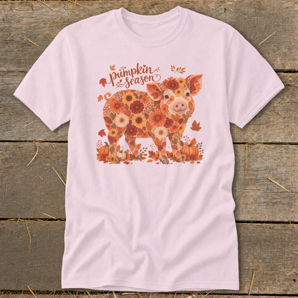 Pink t-shirt with a floral pig illustration and "Pumpkin Season" text.