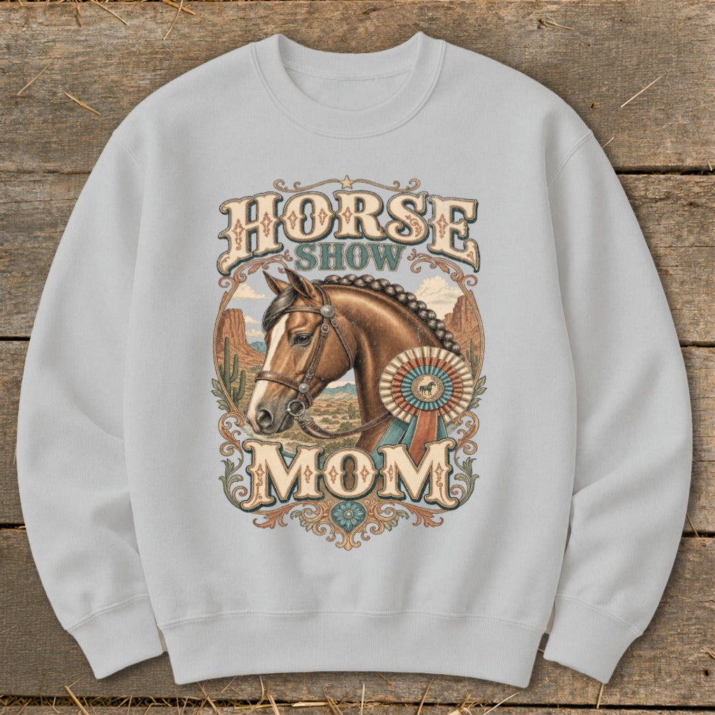 "Horse Show Mom" text with a horse and ribbon on a light grey sweatshirt.
