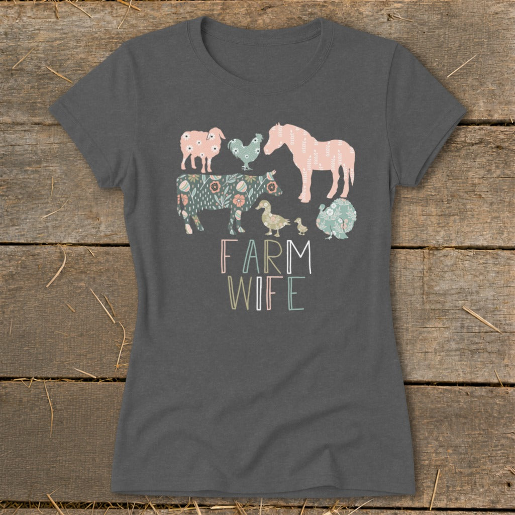 Farm Wife text with patterned farm animals including cow, horse, sheep, chickens, ducks, and turkey.