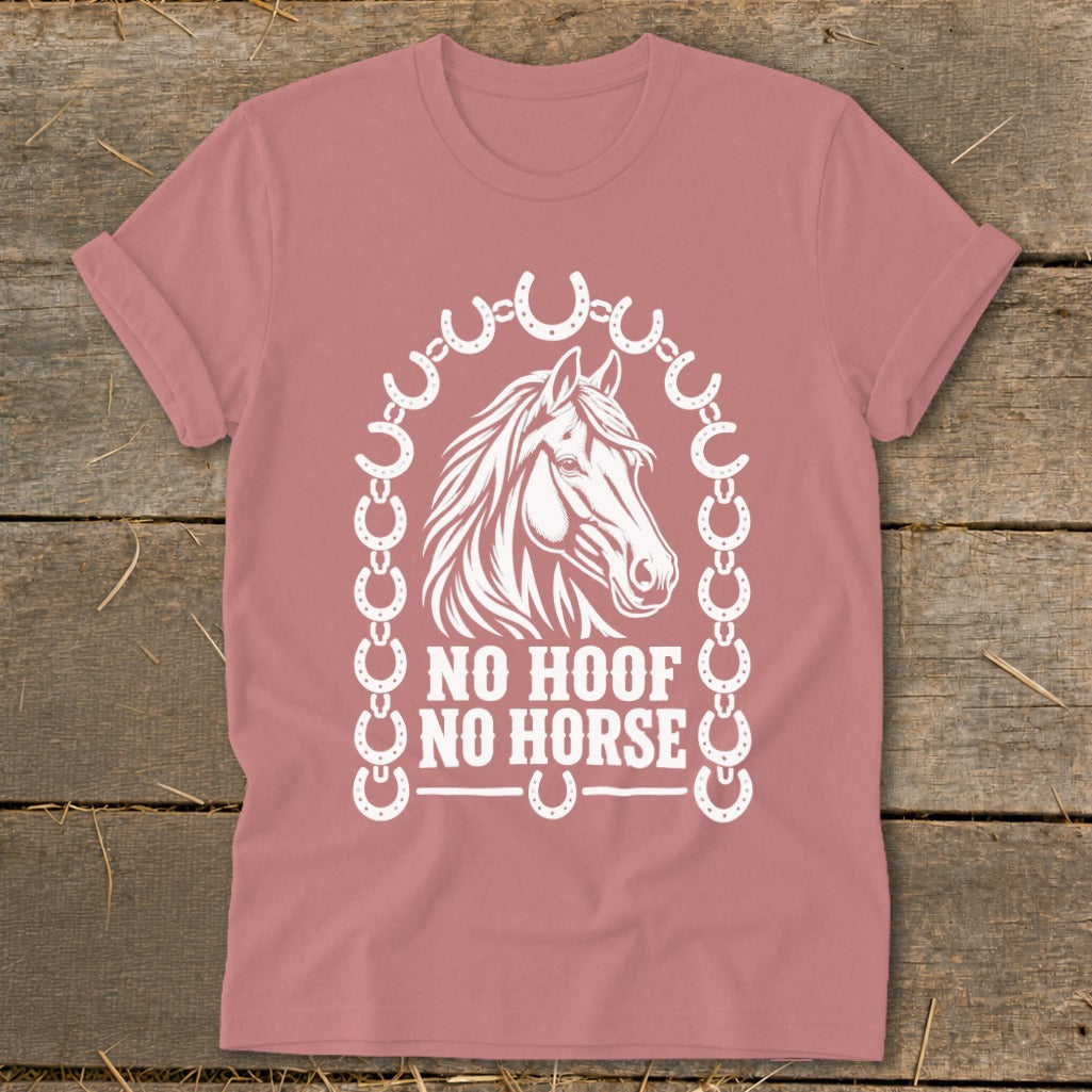 T-shirt with white horse head graphic, horseshoes, and text "NO HOOF NO HORSE".