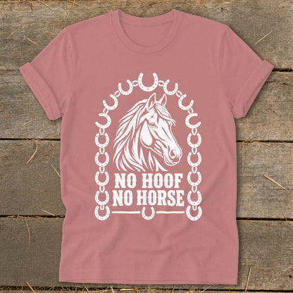 T-shirt with white horse head graphic, horseshoes, and text "NO HOOF NO HORSE".
