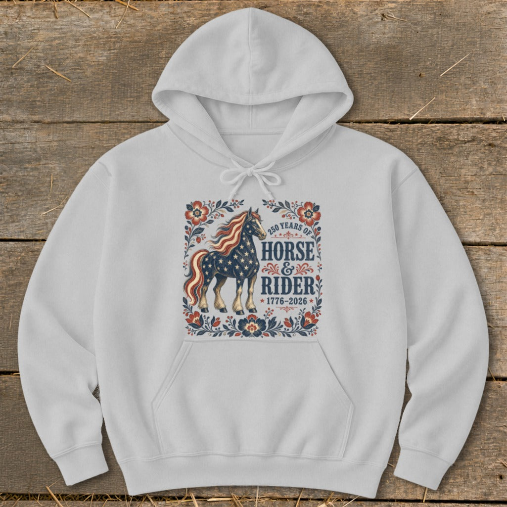 White hoodie with graphic of a starry horse and "250 Years of Horse & Rider 1776-2026" text.