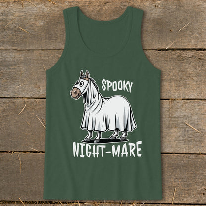 Green tank top with cartoon horse in a ghost costume saying "Spooky Night-Mare".
