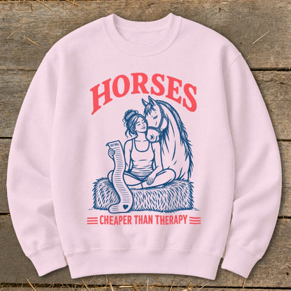 Pink sweatshirt with horses graphic of woman and horse, holding a vet bill.