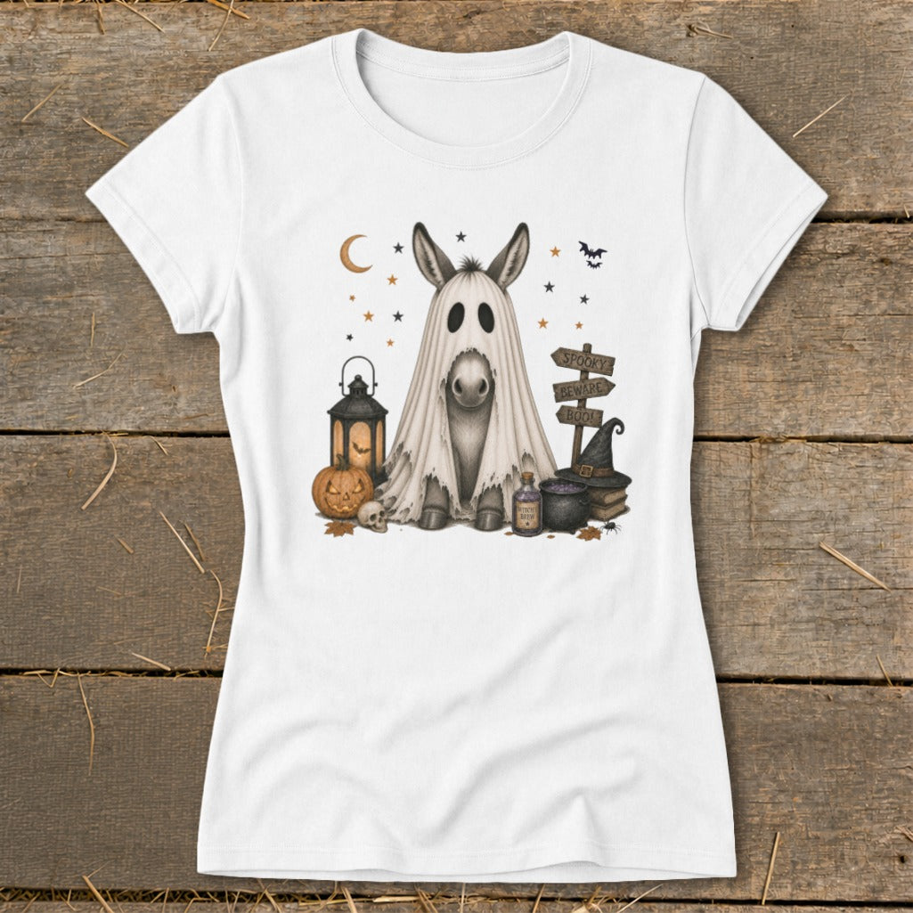 Donkey in ghost costume with Halloween decorations and spooky signs.