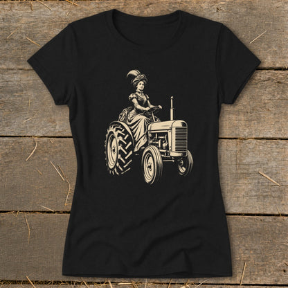 Black t-shirt with vintage illustration of a woman in a formal dress driving a tractor.