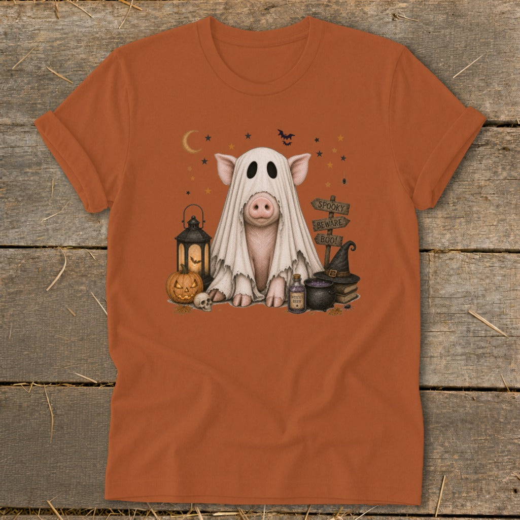Pig in a ghost costume with Halloween decorations and spooky signs.