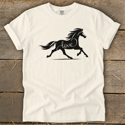 Cream t-shirt with black silhouette of horse and the word "love" on its side.