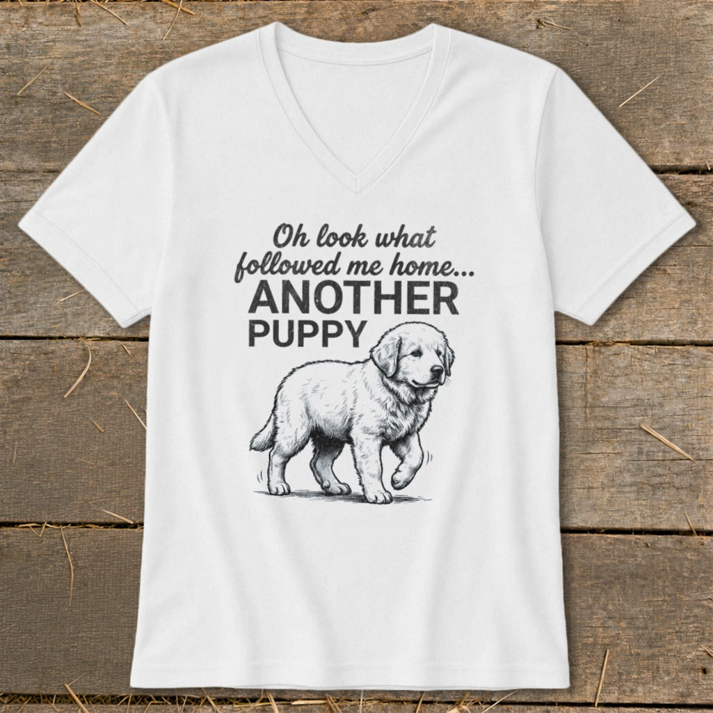 White t-shirt with "Oh look what followed me home... ANOTHER PUPPY" and a drawing of a puppy.