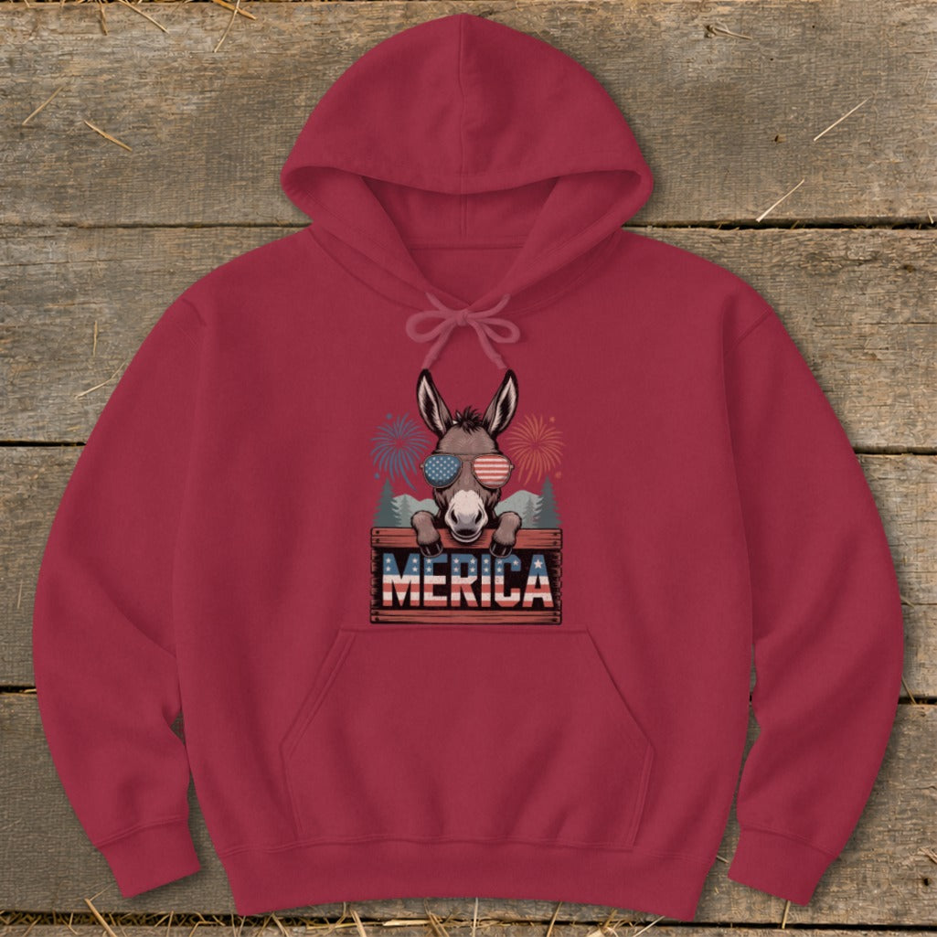 Maroon hoodie with a donkey wearing patriotic sunglasses and "MERICA" text.