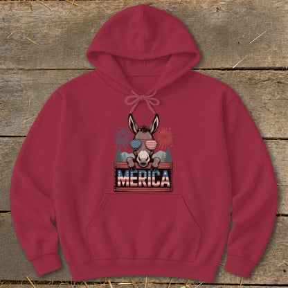 Maroon hoodie with a donkey wearing patriotic sunglasses and "MERICA" text.