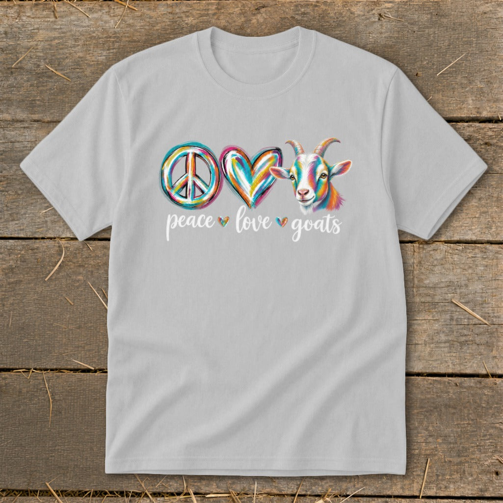 Grey t-shirt with peace sign, heart, and colorful goat graphic.